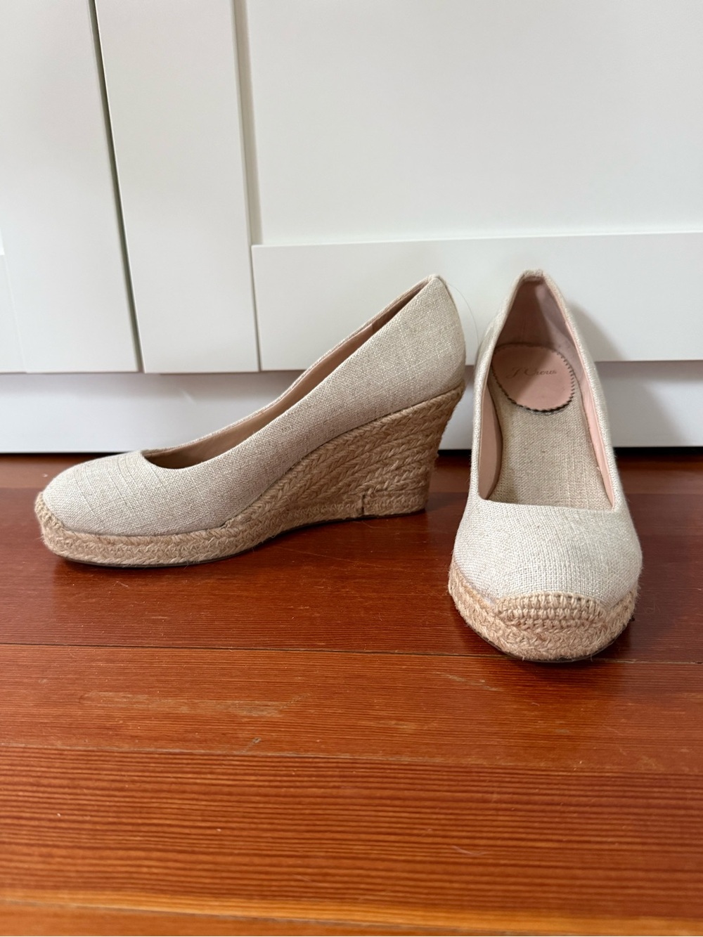 J. Crew shimmer Beige Linen Espadrille Wedge Pumps - size 7, excellent condition